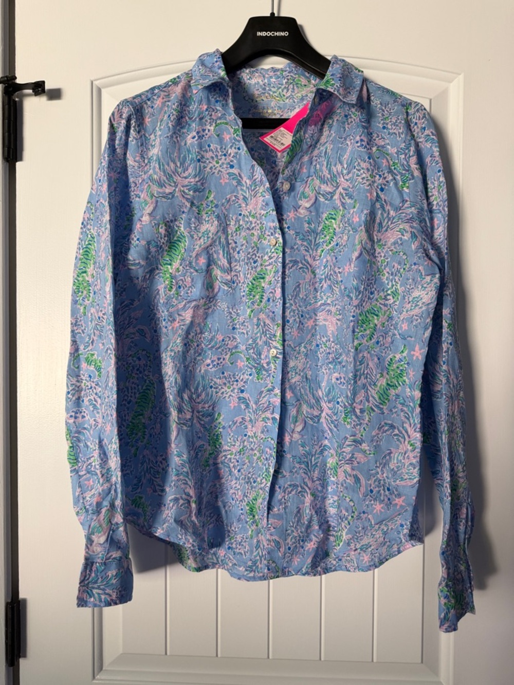 NWT Lilly Pulitzer Linen Sea View Button Down Blue Floral Blouse